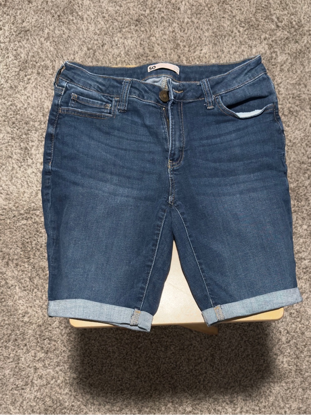 Dark Wash Denim Bermuda Shorts - Rolled Cuff